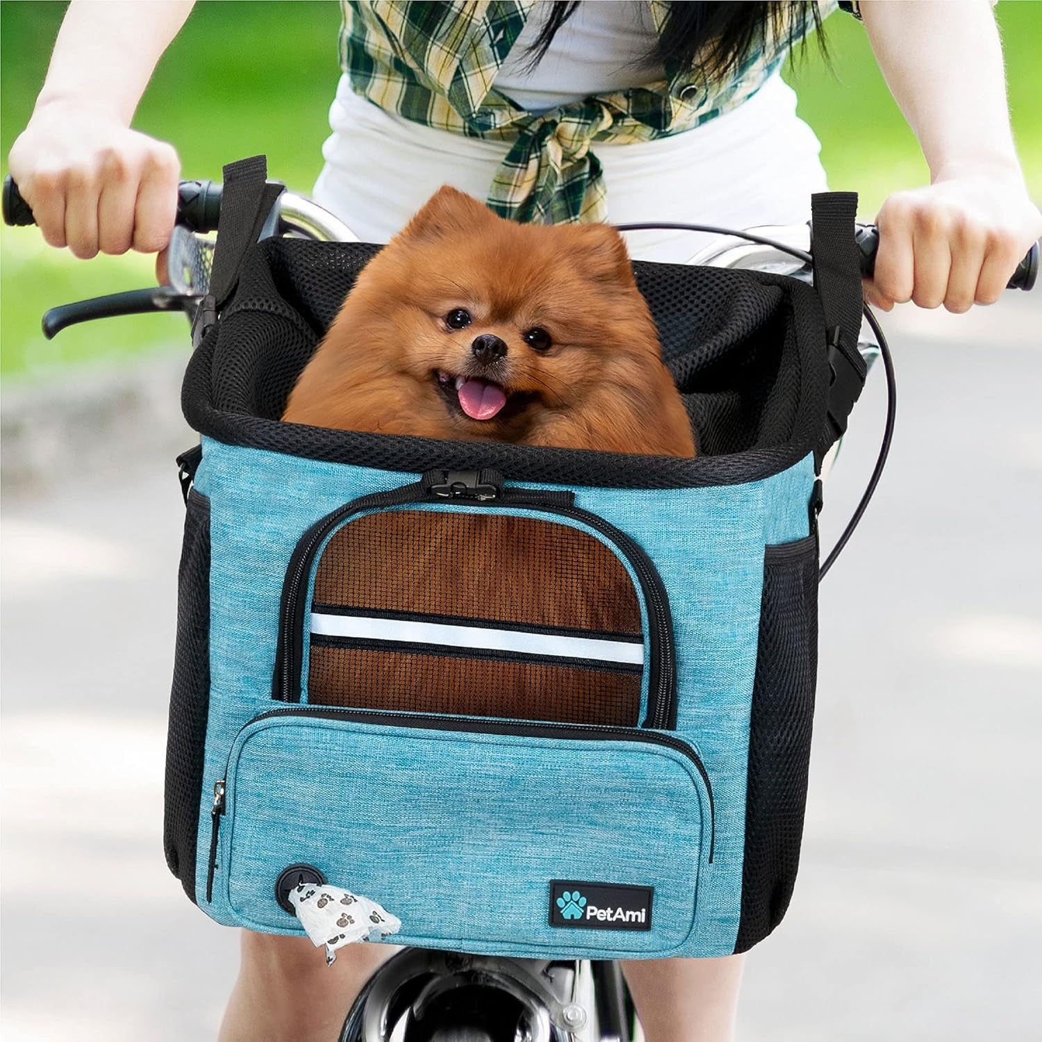 Dog Bike Basket, Soft-Sided Ventilated Dog Bike Carrier Backpack, Pet Bicycle Basket for Bike Handlebar, Small Medium Puppy Cat Kitten Car Booster Seat with Safety Strap, Max 18 Lbs, Blue