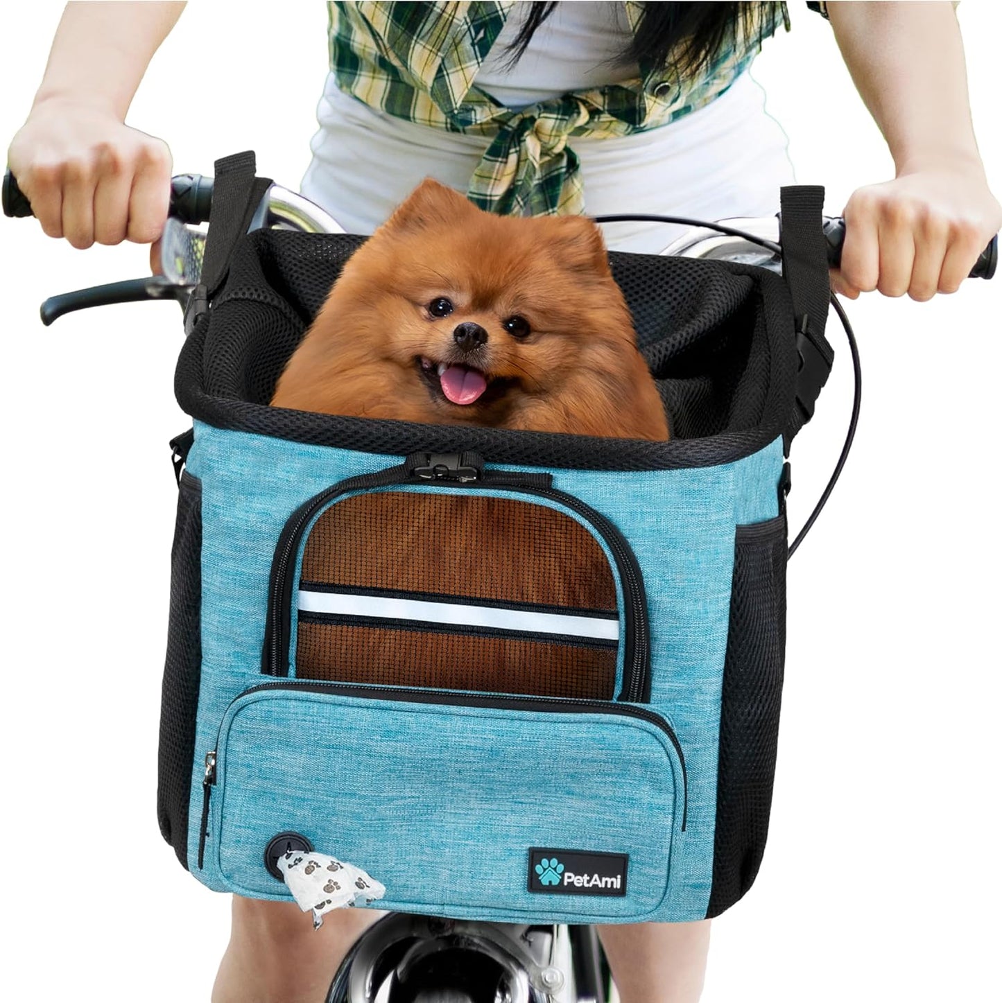 Dog Bike Basket, Soft-Sided Ventilated Dog Bike Carrier Backpack, Pet Bicycle Basket for Bike Handlebar, Small Medium Puppy Cat Kitten Car Booster Seat with Safety Strap, Max 18 Lbs, Blue